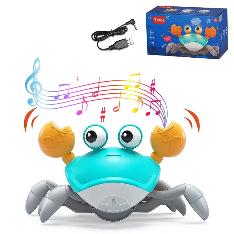 Toy crab with music notes, USB cable, and packaging on a white background