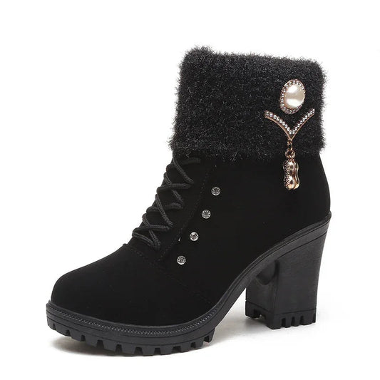 Women's Chunky Heel Lace-Up Rhinestone Martin boots