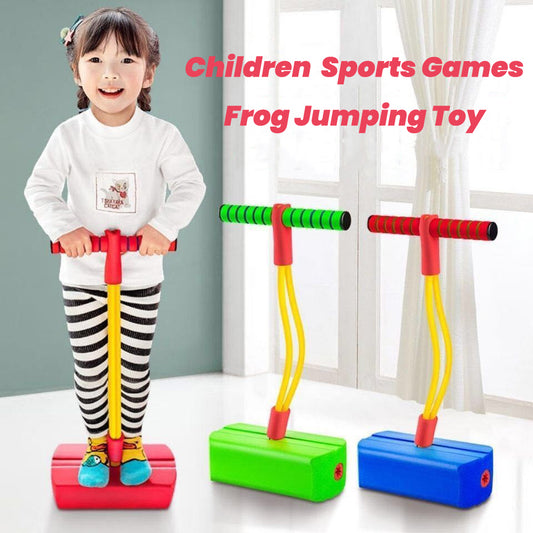 Child playing with a colorful frog jumping toy indoors.