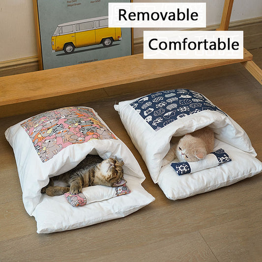 Two pet beds with removable covers, one with a cat and one with a dog, on a wooden floor.