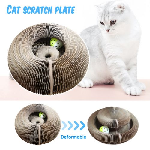 Cat scratch plate with a cat sitting next to it, showing its deformable nature.