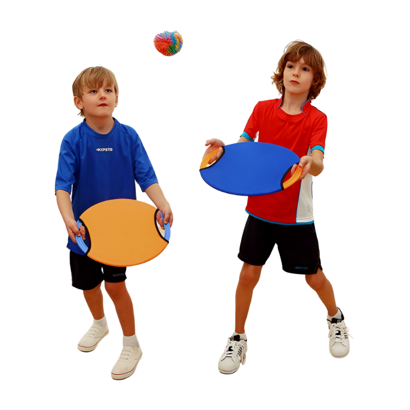 Two children playing with colorful disc toys on a white background
