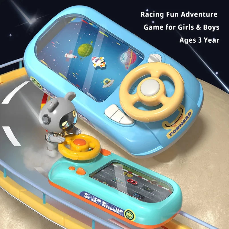 Toy car with steering wheel and dashboard on a track, suitable for children aged 3 and up.