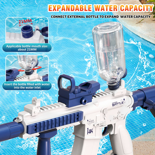 Water gun with expandable water capacity feature on a pool background