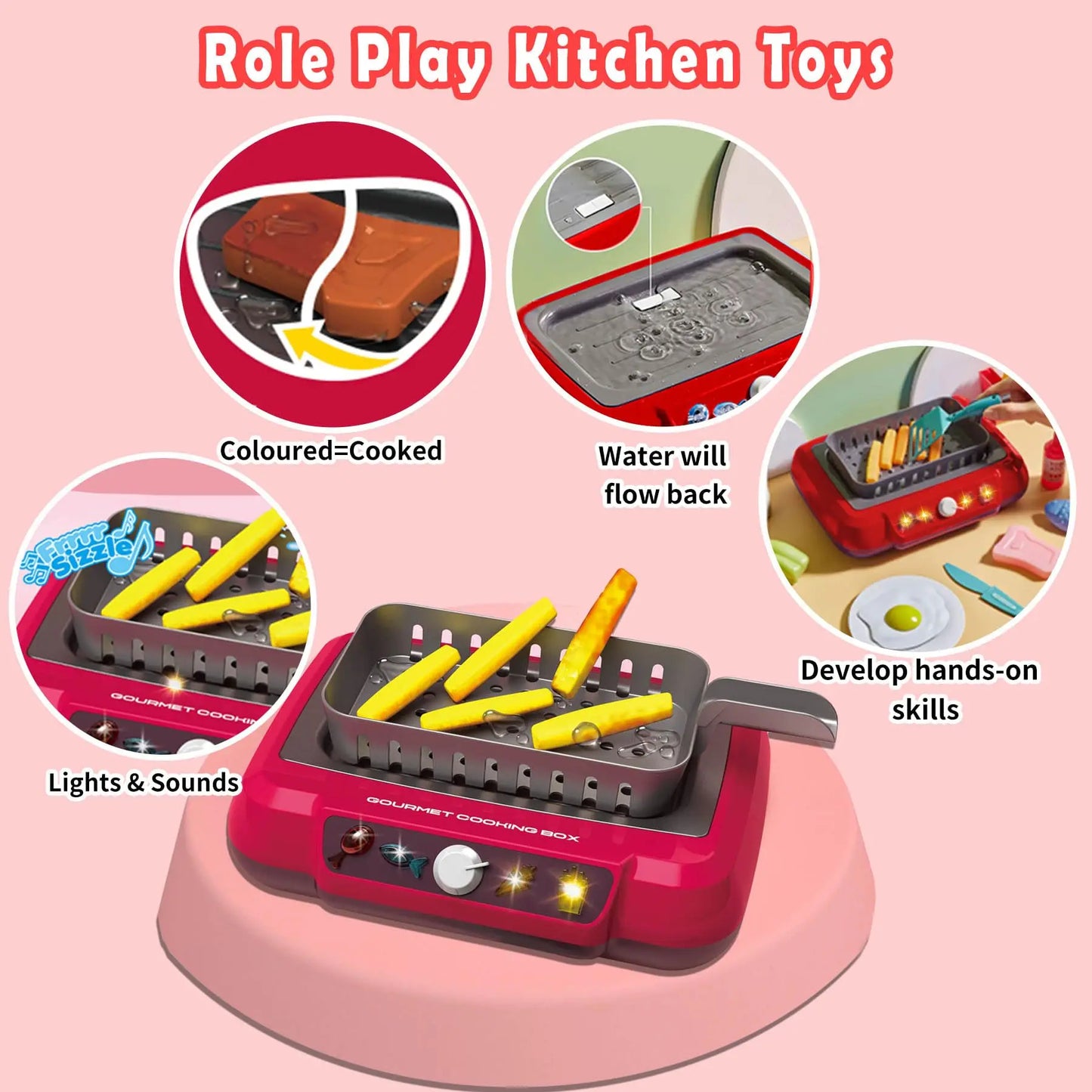 Toy kitchen set with cooking elements on a pink background