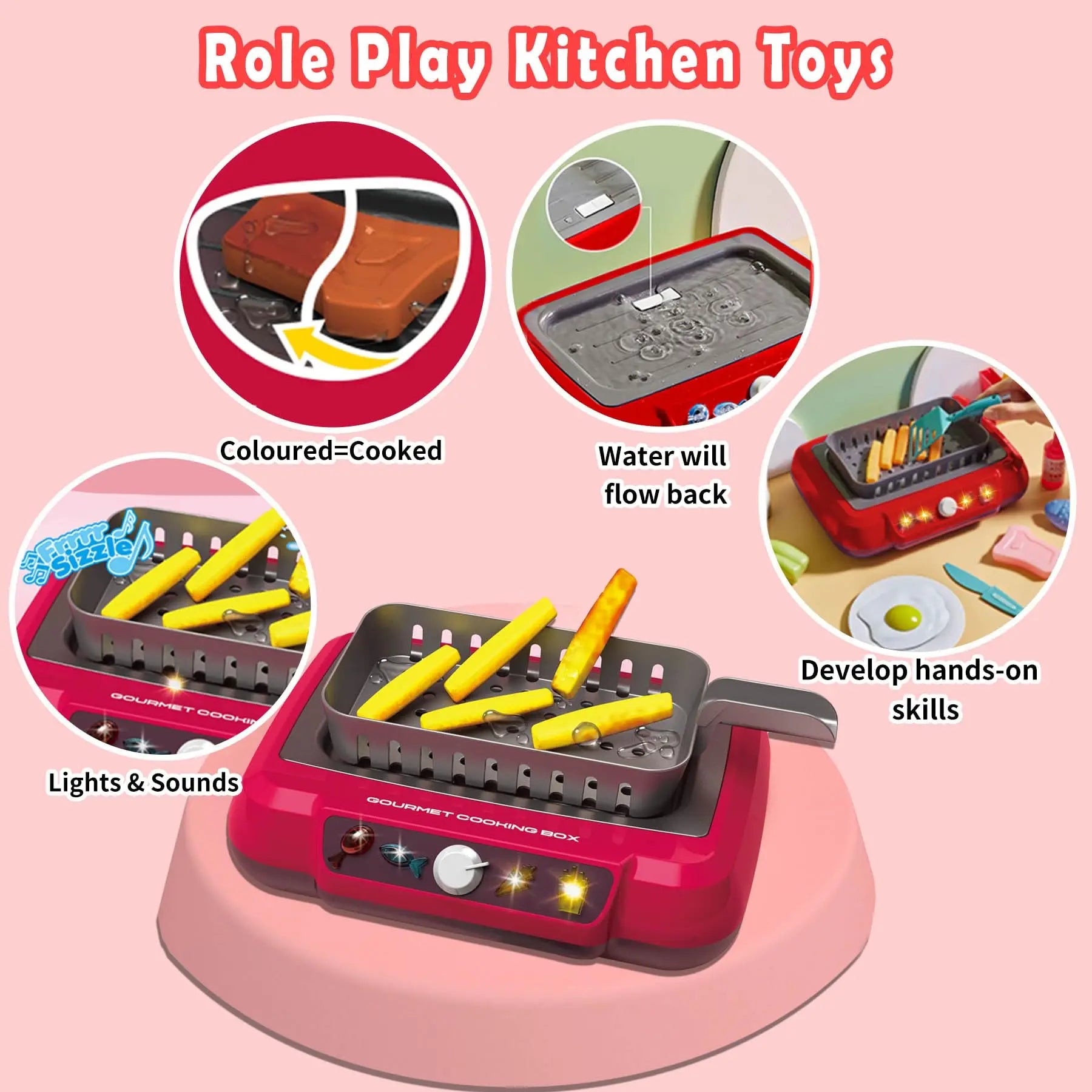 Toy kitchen set with cooking elements on a pink background