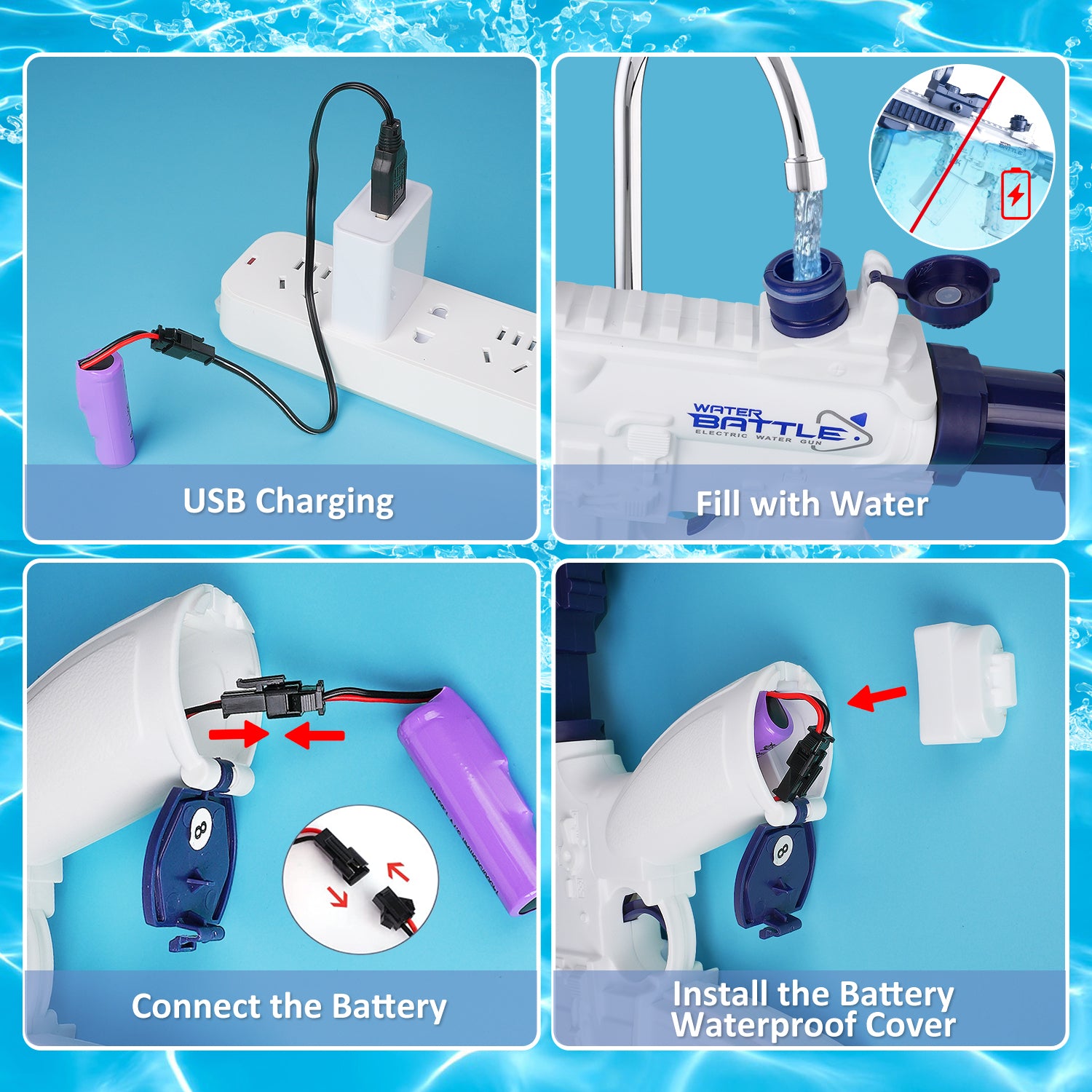 Step-by-step guide on how to use a water pump with USB charging, filling with water, connecting the battery, and installing the waterproof cover.