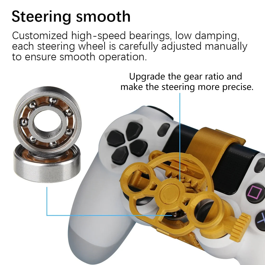 Close-up of a steering wheel mechanism with bearings and a controller, highlighting customization and precision.