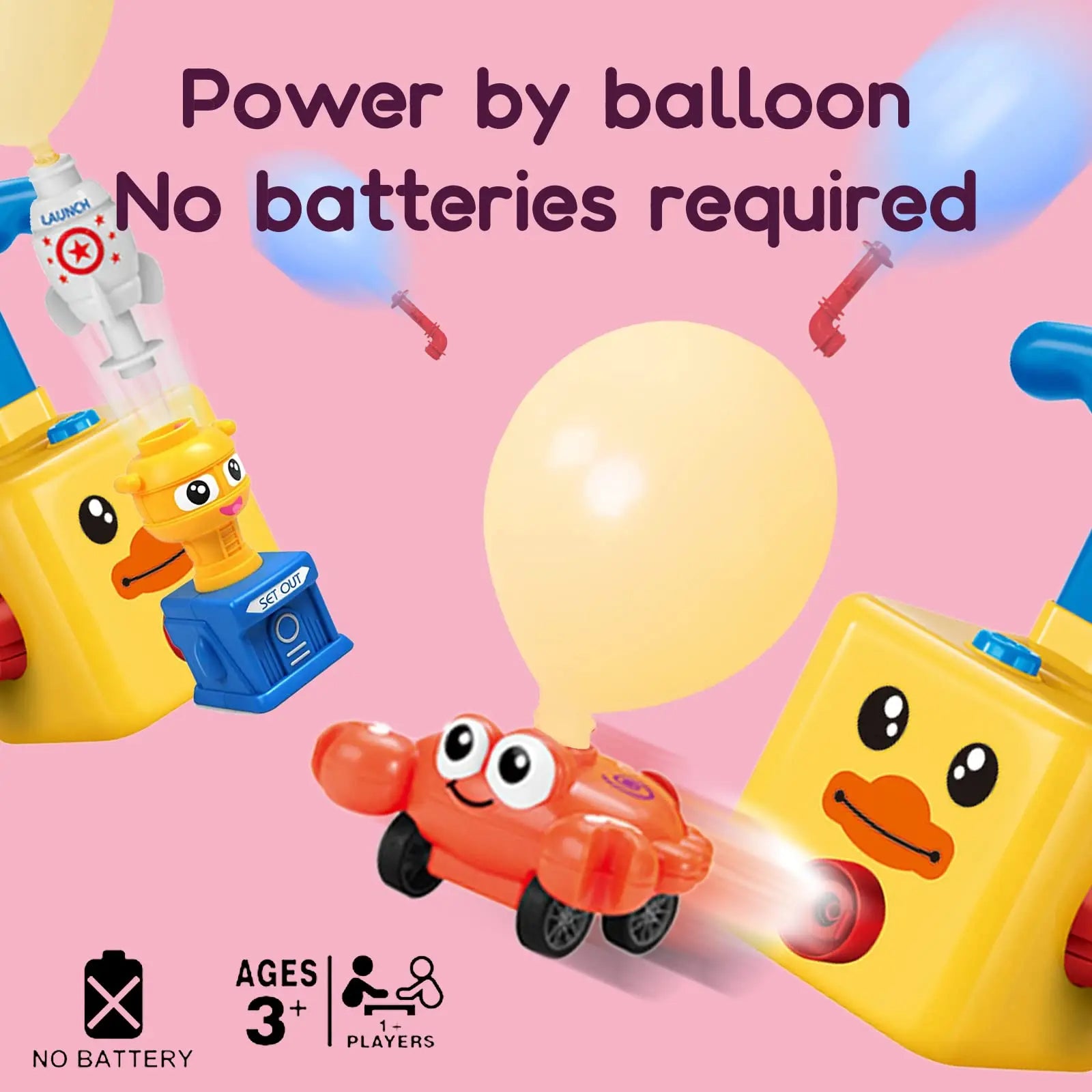 Toy cars powered by balloons on a pink background with text indicating no batteries are required.