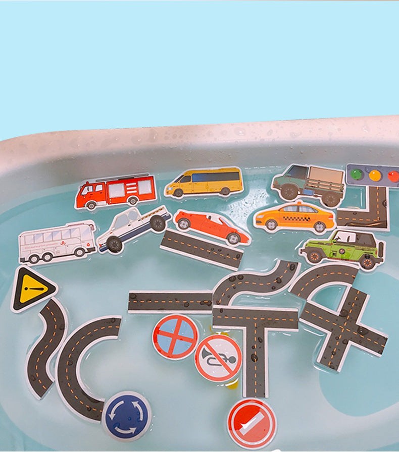 Toy road set with vehicles and traffic signs in a water bath on a blue background
