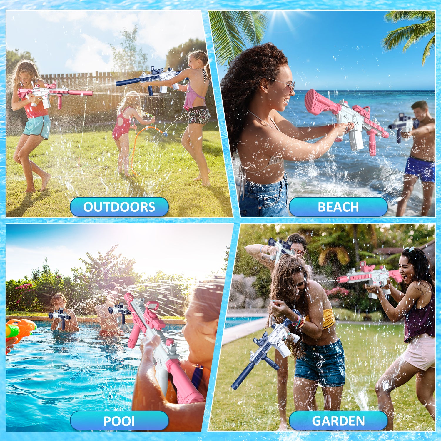 Collage of people playing with water guns in various outdoor settings.