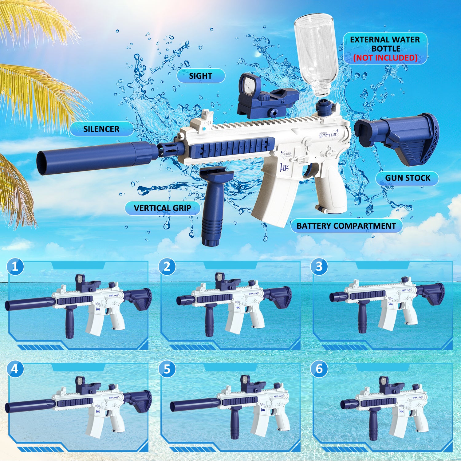 Toy gun with labeled parts on a blue background with water splashes
