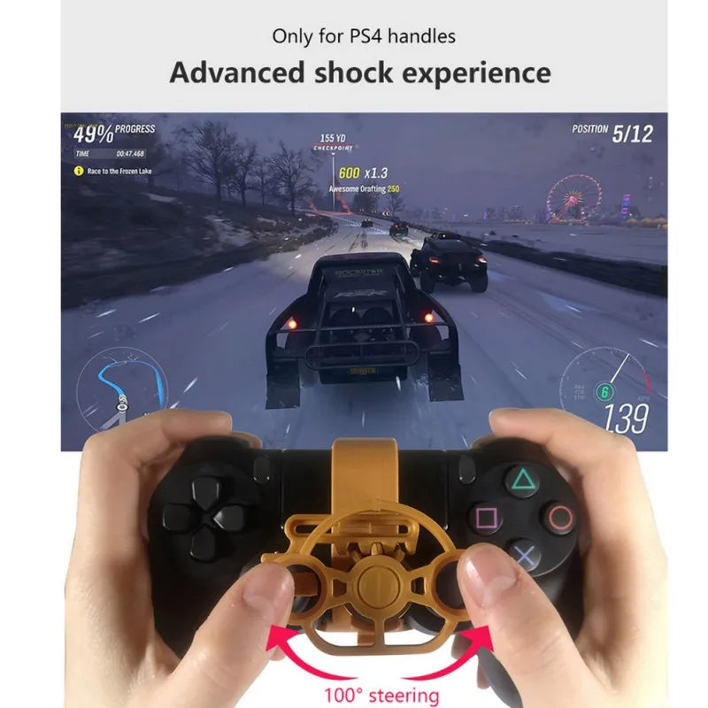 Game controller with a steering wheel attachment being used in a racing game on PS4.