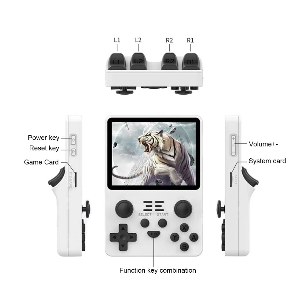 Handheld game console with labeled buttons and screen displaying a tiger.