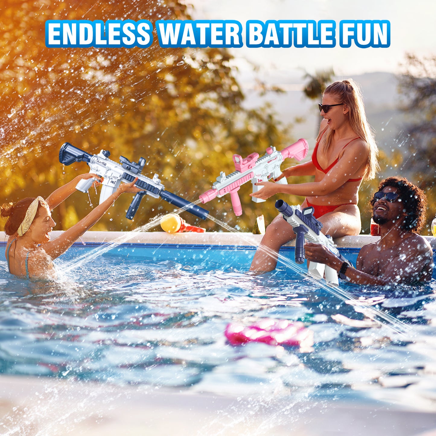 People playing with water guns in a pool, with text 'Endless Water Battle Fun'.