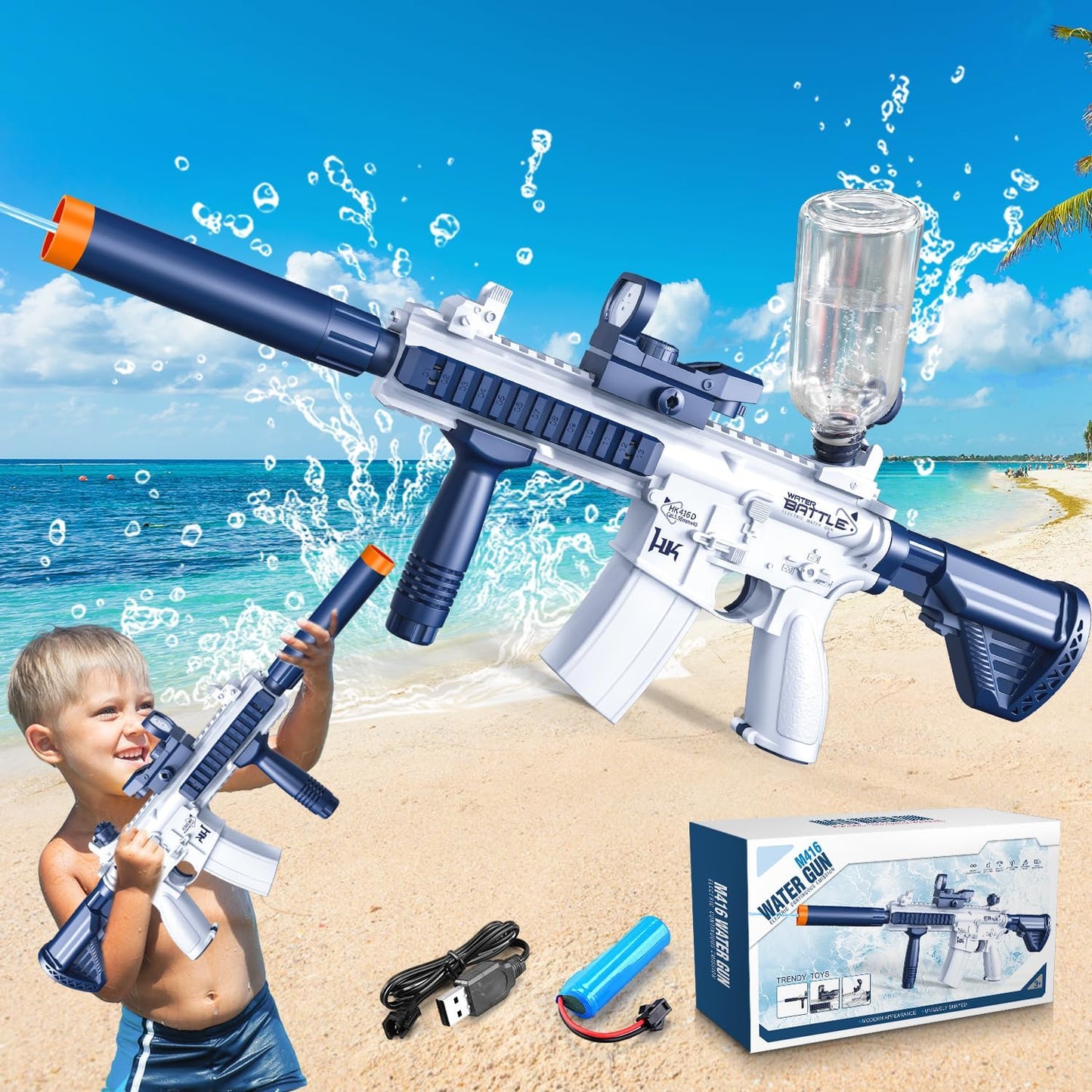 Toy water gun with accessories on a beach background