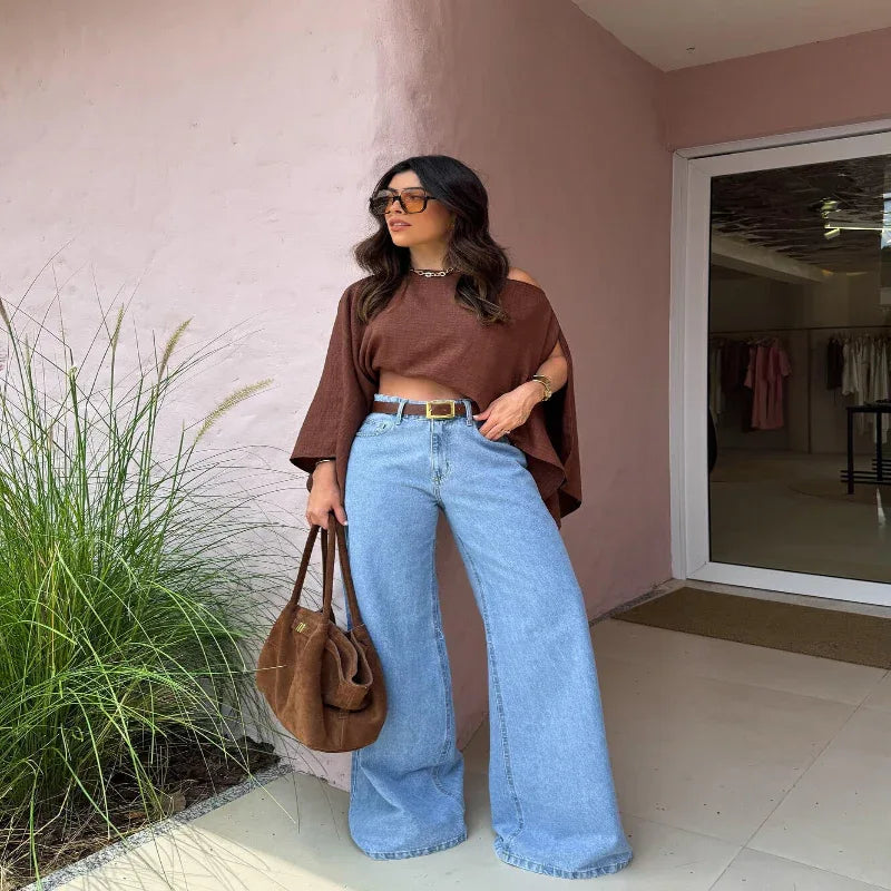 Brown Off Shoulder Crop Top For Women