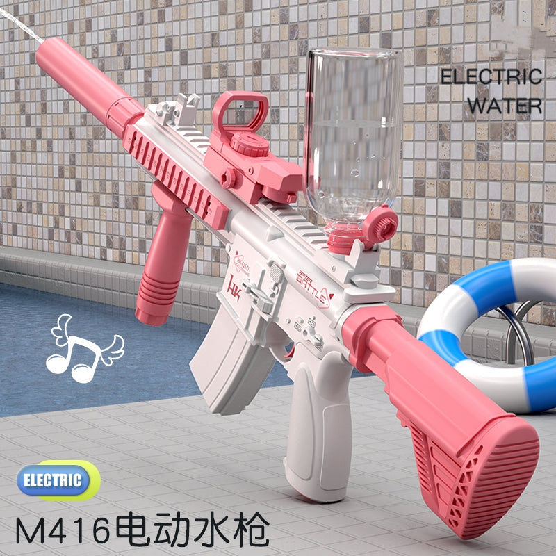 Pink and white electric water gun with a pool and tiled wall in the background