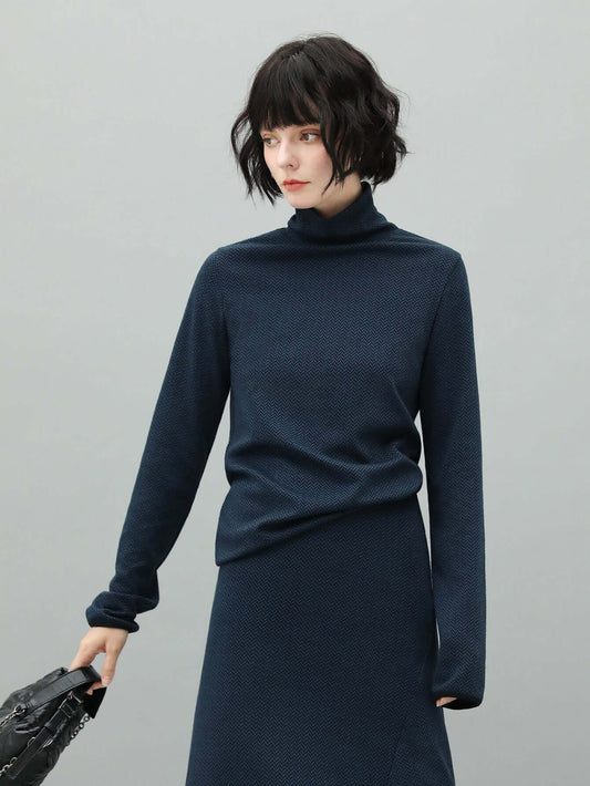 Herringbone High Neck Knit Top in Navy-1