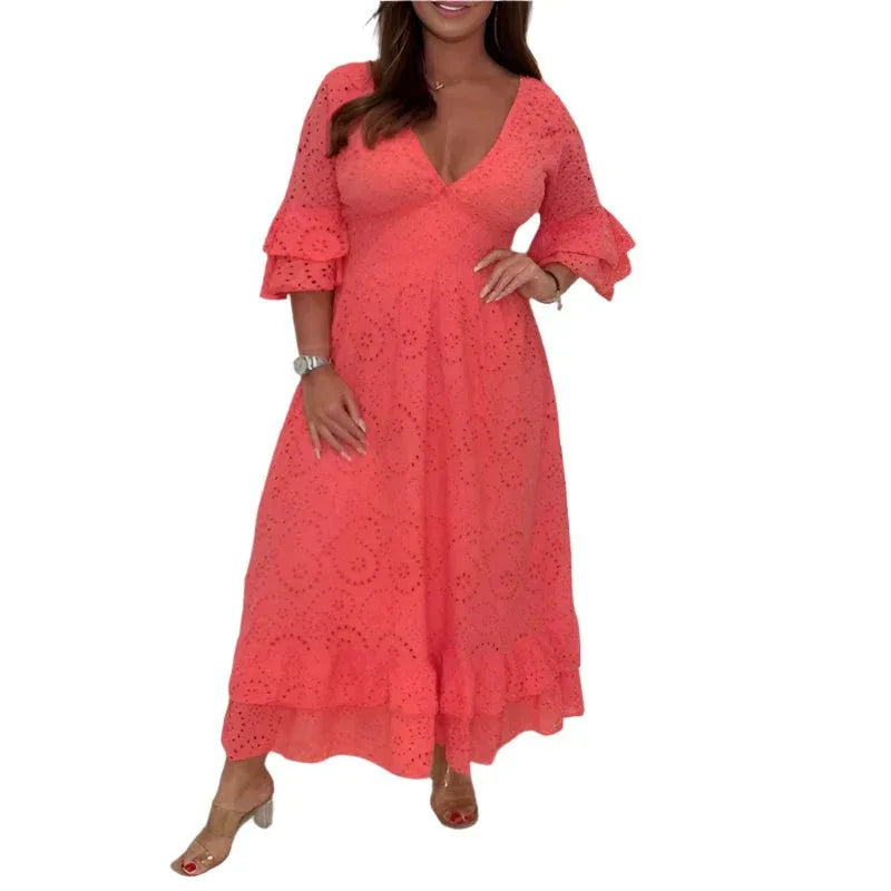 High Waisted Embroidered Solid V-Neck Dress