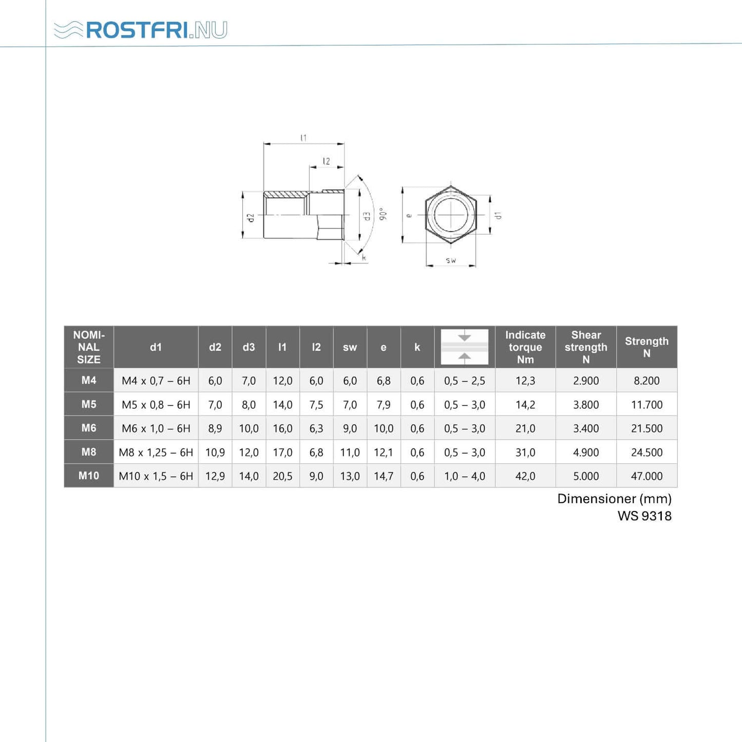 Blindnitmutter | Litet försänkt huvud halvsexkant | A2