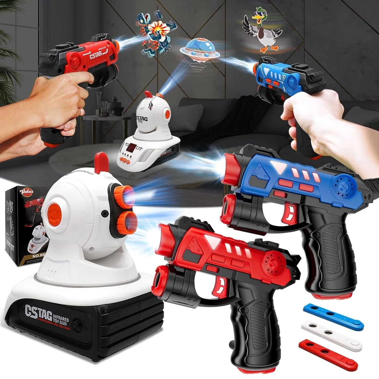 Toy guns with different attachments on a black background