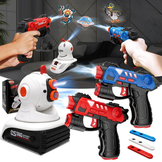 Toy guns with different attachments on a black background