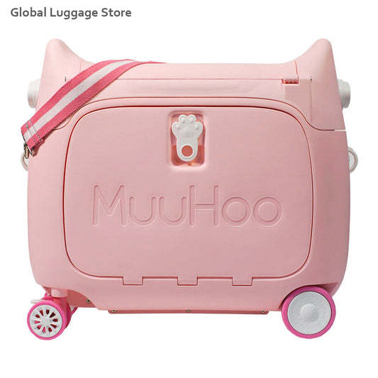 Pink children's suitcase with 'MuuHoo' branding on a white background