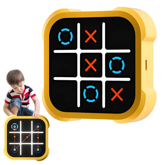 Tic-tac-toe game device with yellow border and black screen, child playing in the corner.