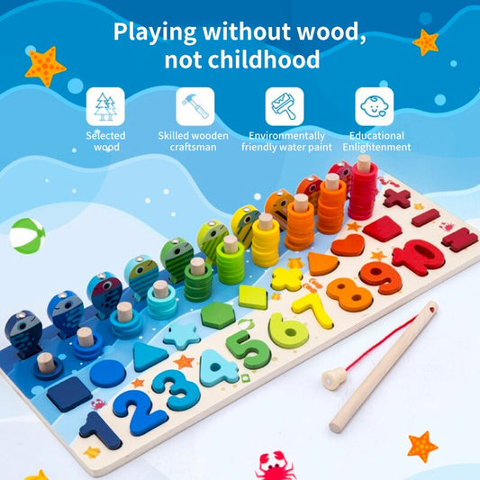 Colorful wooden educational toy with numbers and shapes on a blue background