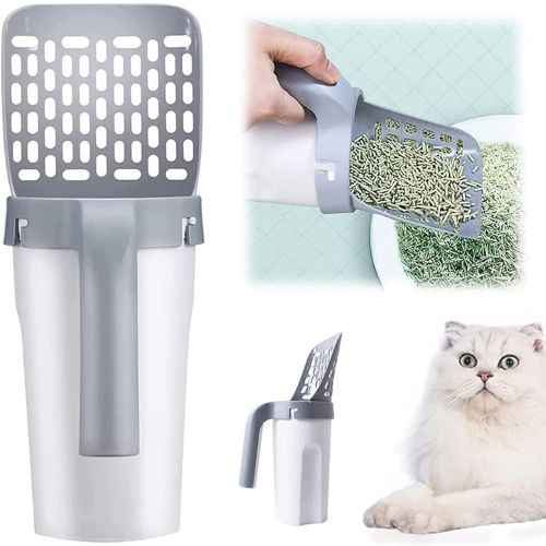 Pet grooming tool with a cat and scattered fur on a light blue background
