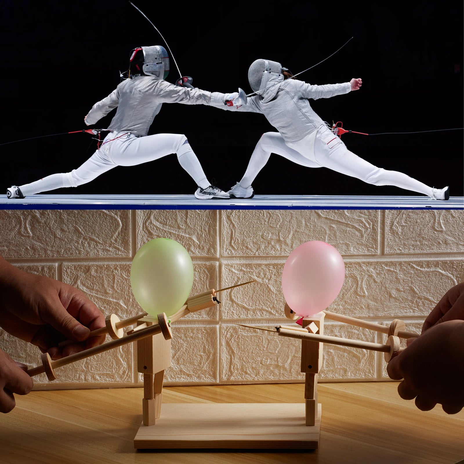Two people in fencing gear engaging in a duel above a wooden device with balloons.