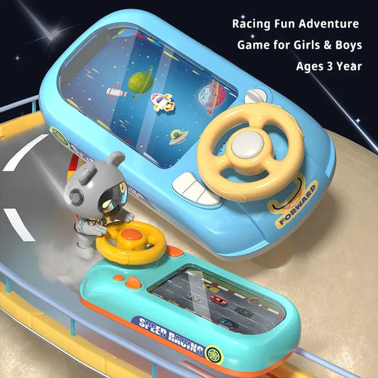 Toy car with steering wheel and dashboard on a track, suitable for children aged 3 and up.