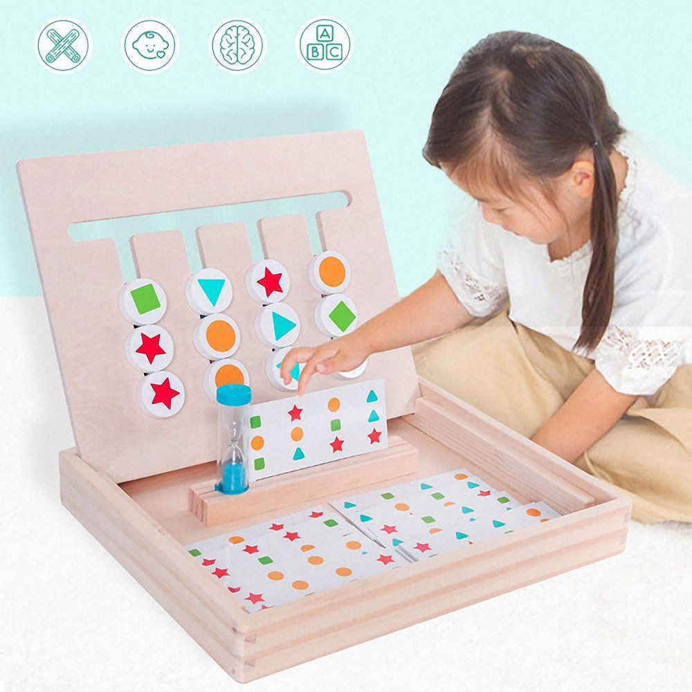 Child playing with a wooden educational toy that teaches shapes and colors.