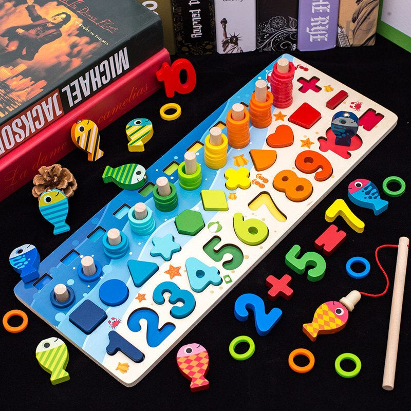 Colorful educational toy with numbers and shapes on a black surface