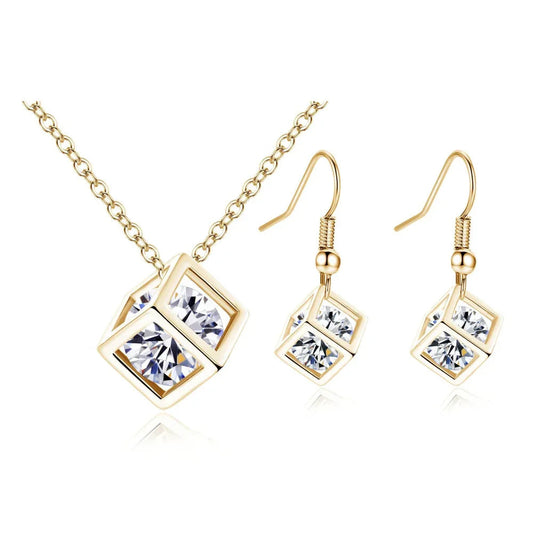 Water cube Jewelry Copper Zircon Earrings & Necklace Set