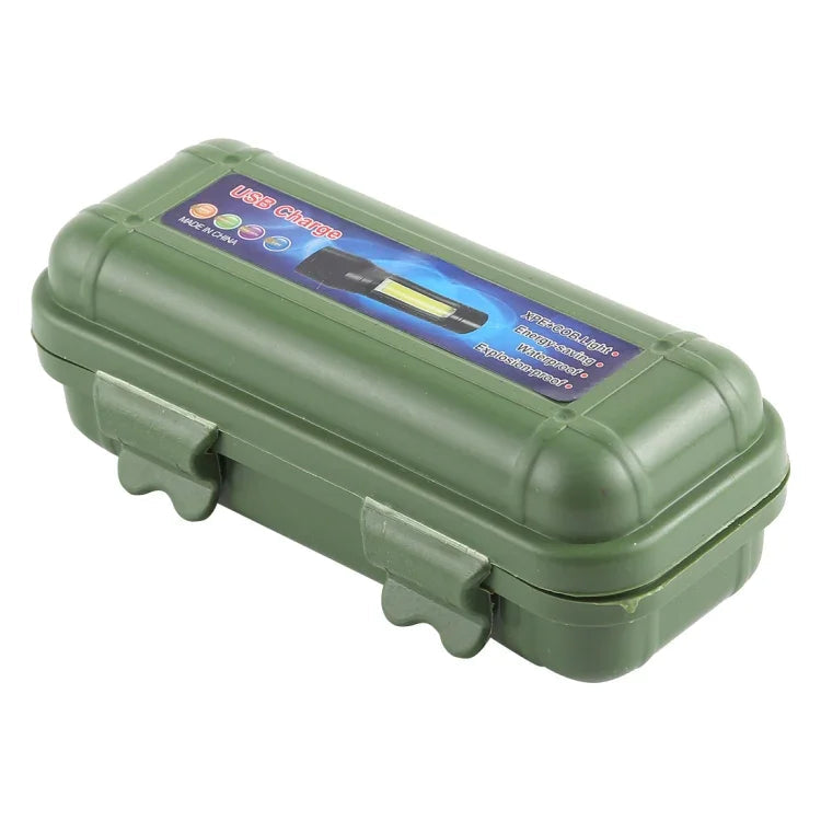 A1 USB-uppladdningsbar vattentät ficklampa med fast fokus, XPE + COB-ljus, 3 ljuslägen och förvaringslåda