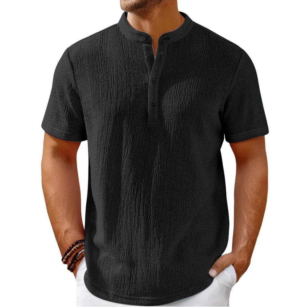 Men's Retro Cotton And Linen Striped Casual Loose Henley Shirt