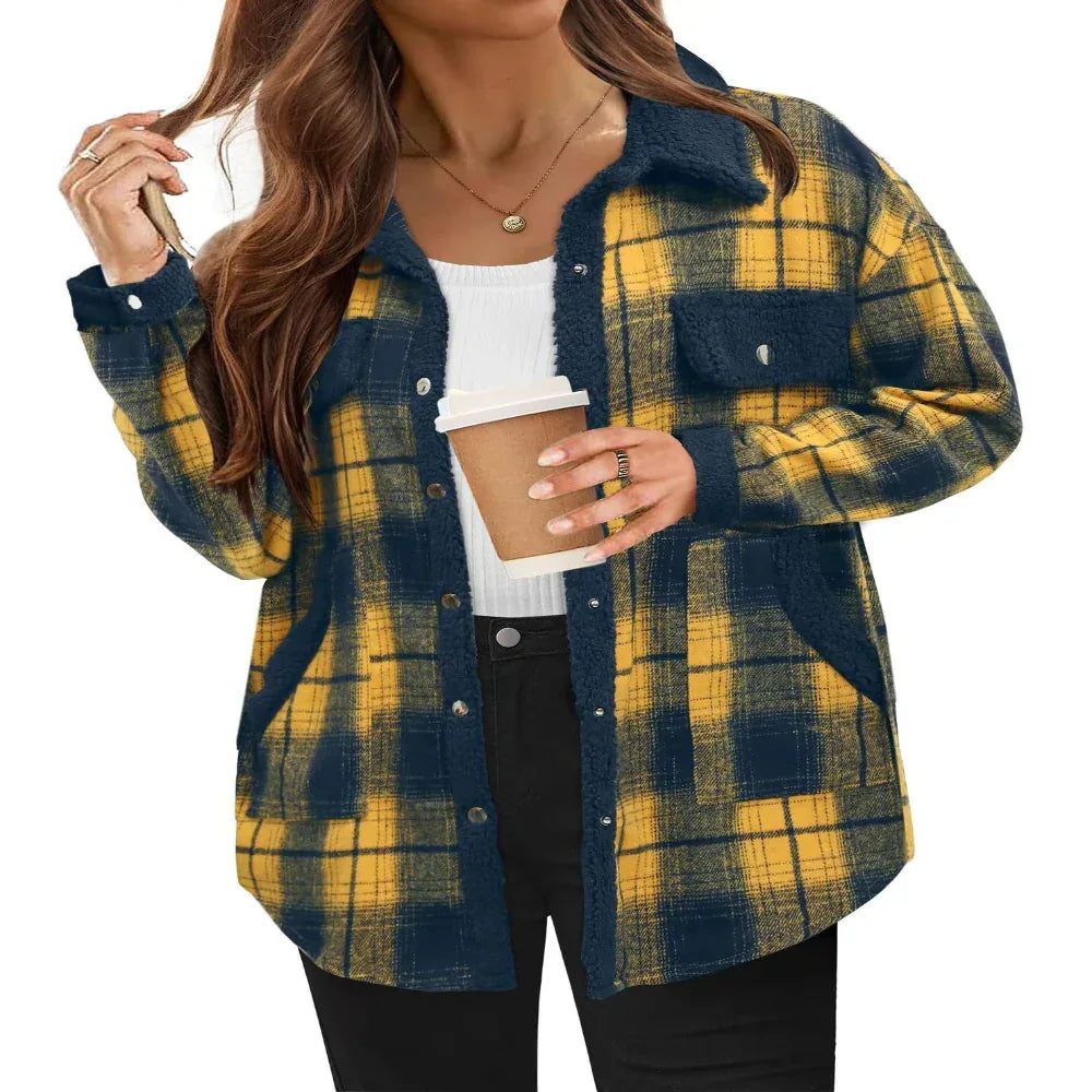 Contrast Color Plaid Jacket Casual Polo Collar Velvet Coat For Women