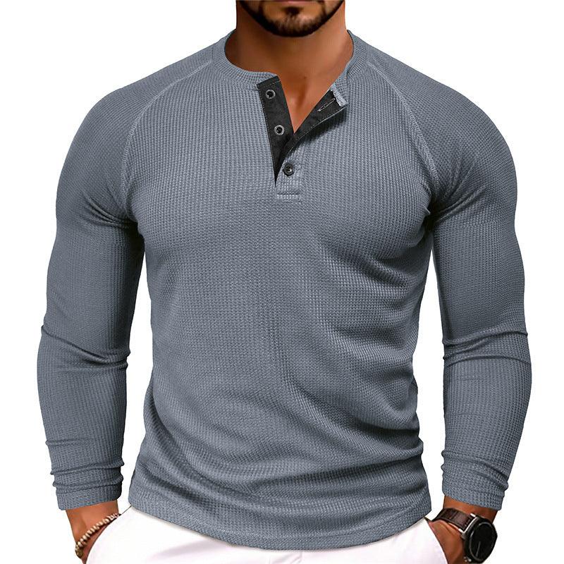 Men's Round Neck Waffle Casual Buttoned Long Sleeve T-Shirt
