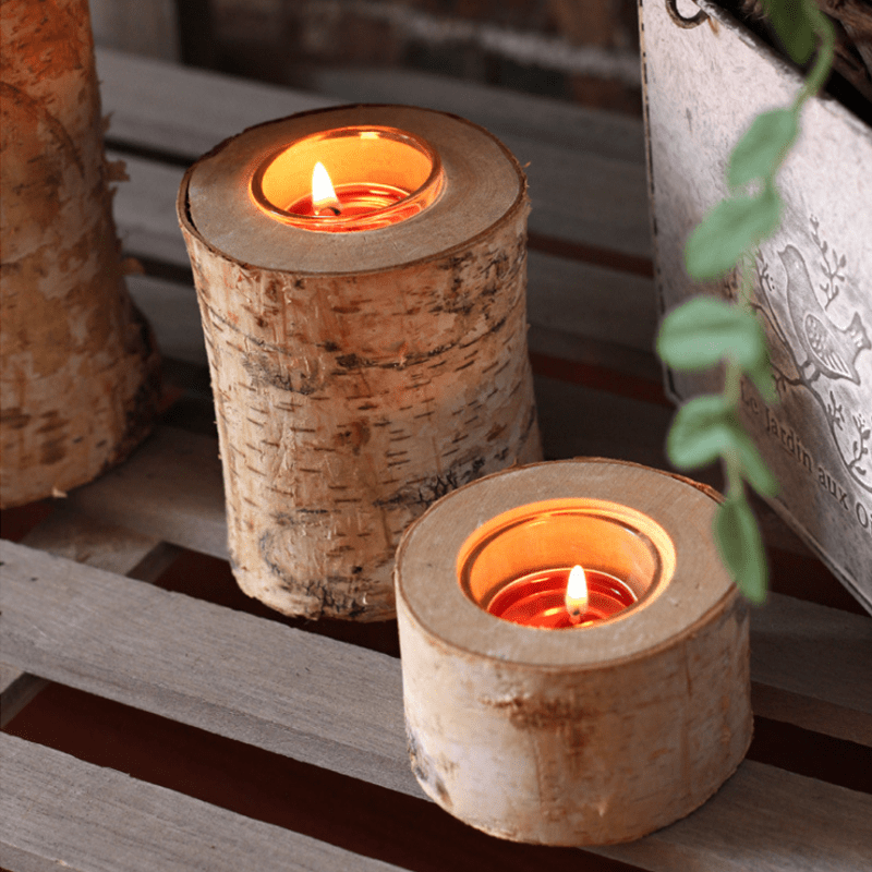 Trästubbe Ljusstake – Rustik Dekoration i Björk med Ljusglas