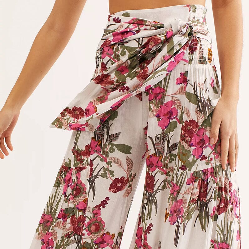 Blommiga avslappnade spetsbyxor med vida ben