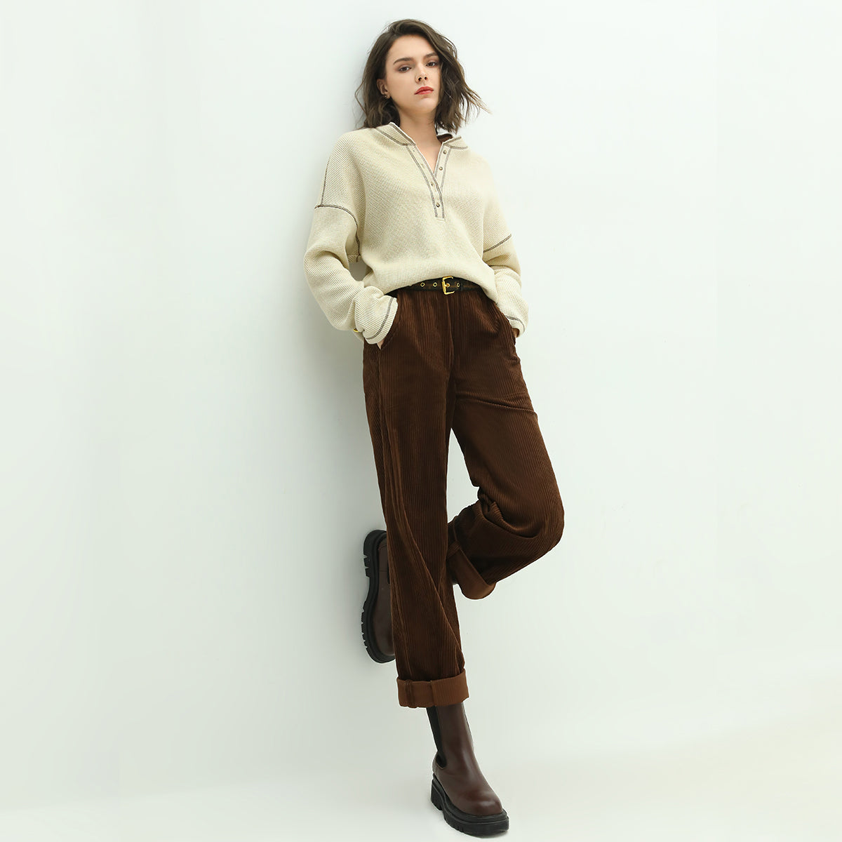 Casual Cream Half-Button Pullover Sweater with Contrast Lined Details-2
