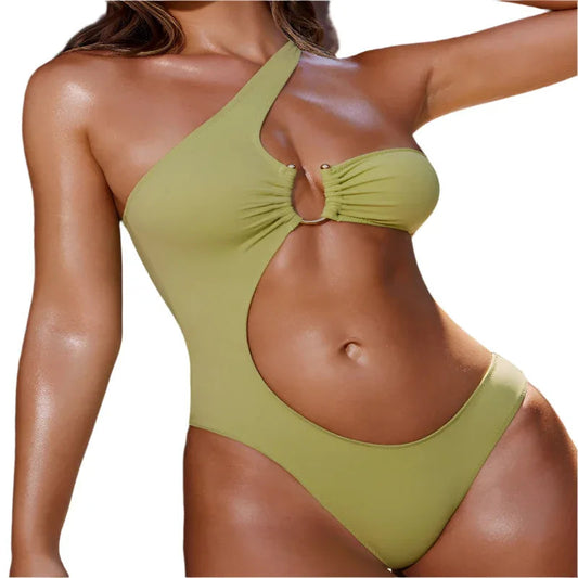 Bikini Women's Solid Color Single-Shoulder One-Piece Swimming Suit