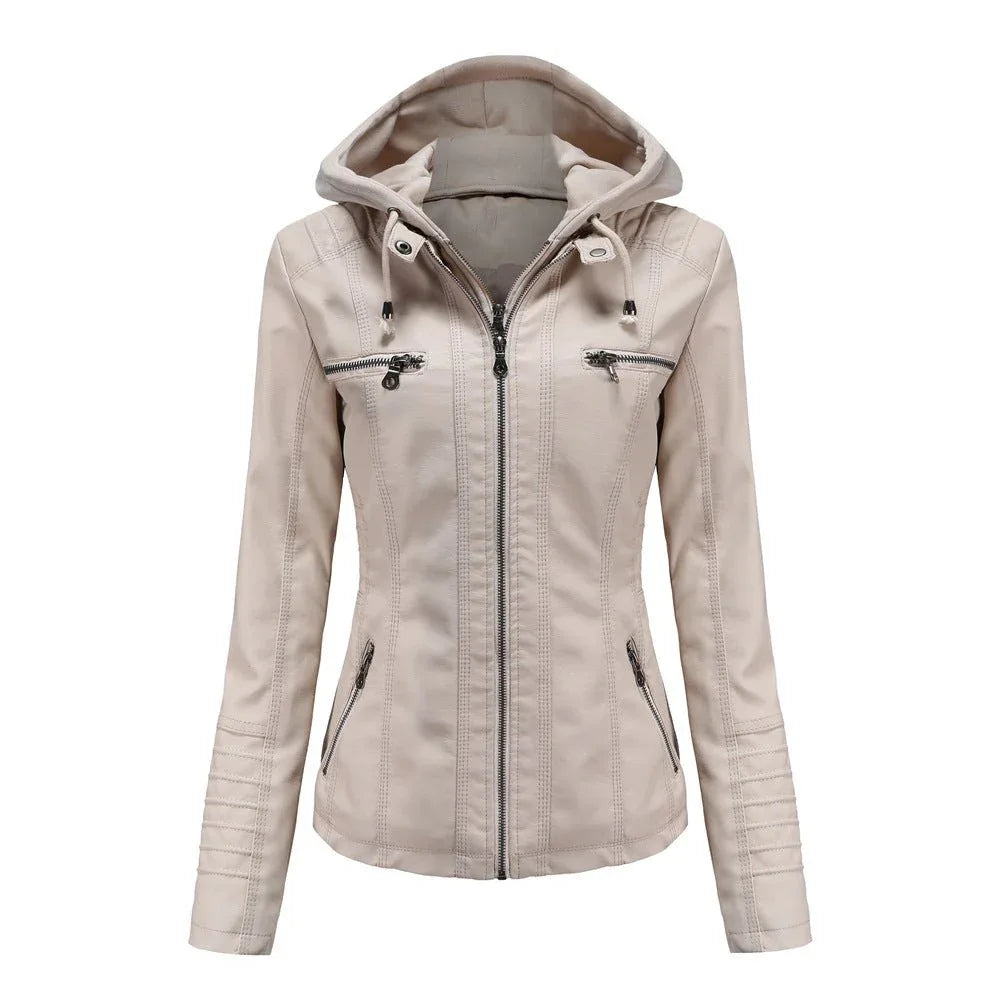 Detachable Two-Piece Hooded Leather Jacket For Women