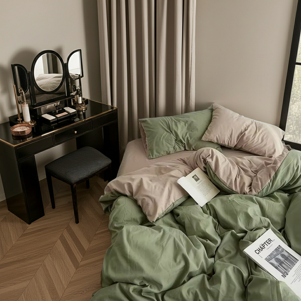 ZENTO Bäddset 4 delar Grön & Beige