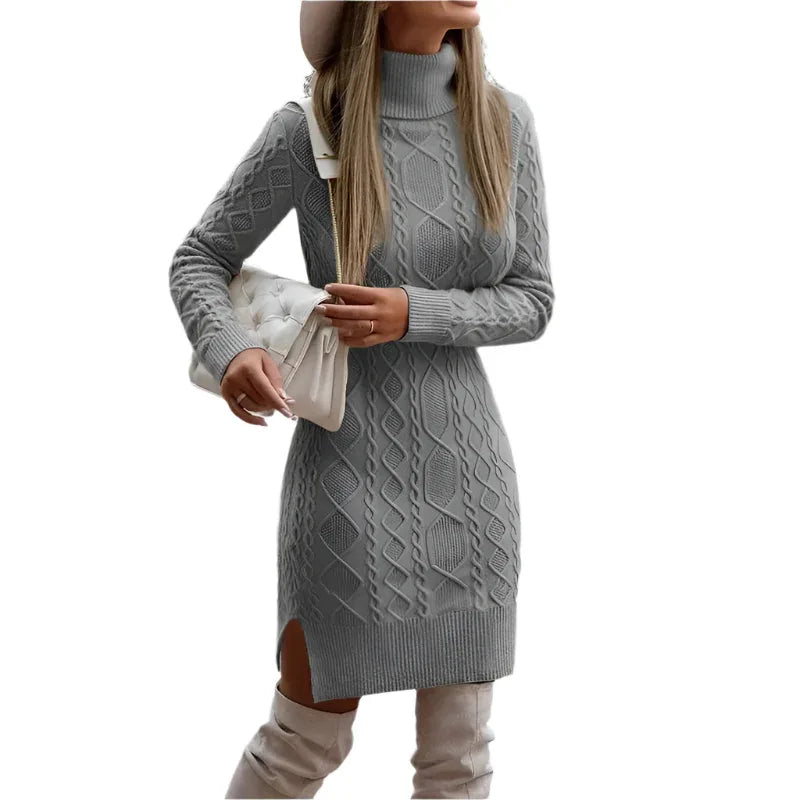 Fashionable Warm Turtleneck Knitted Dress With Slit Design