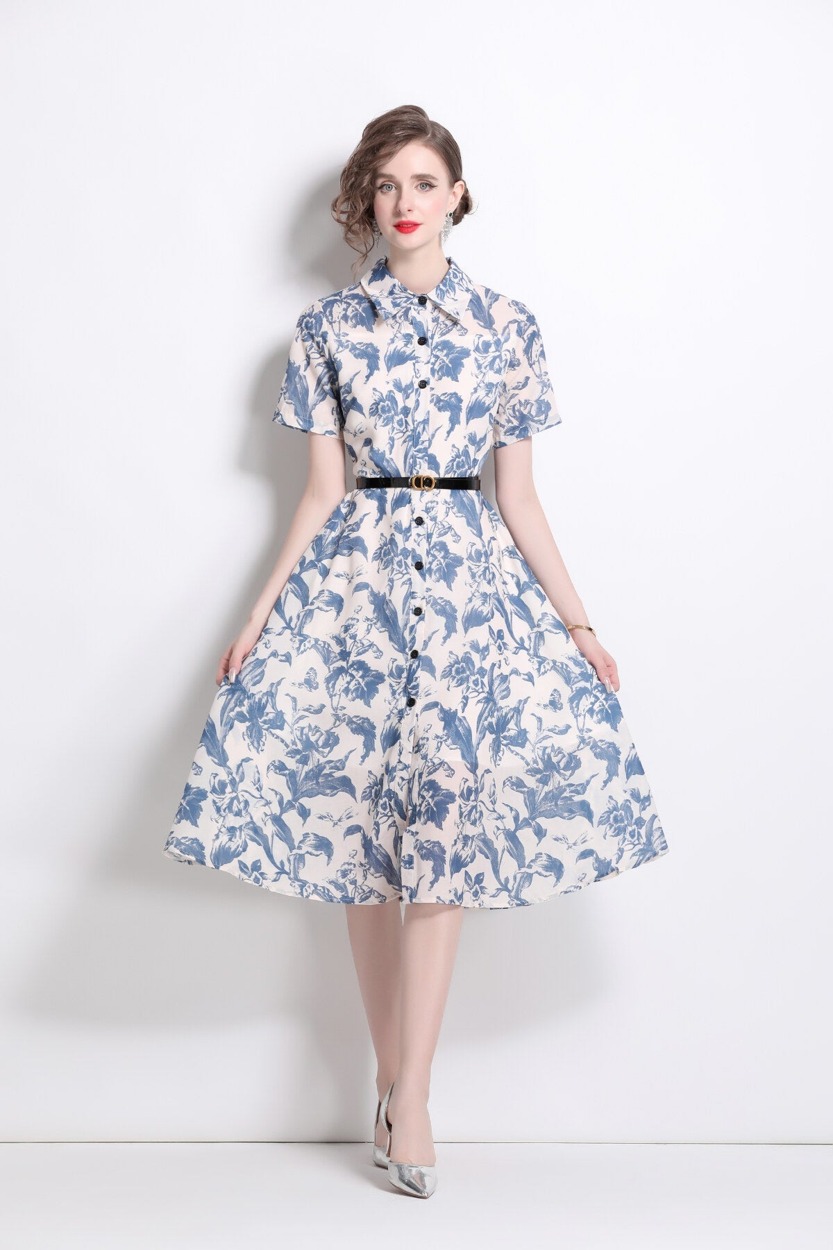Floral Cinched Waist A Line Work Shirt Dress-2