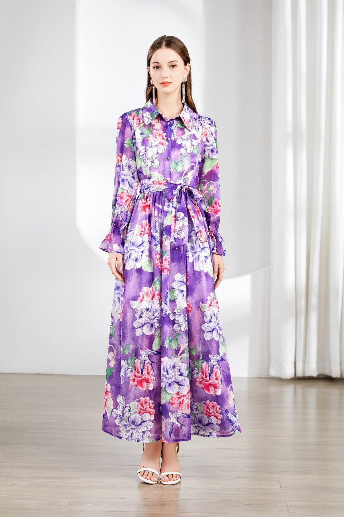 Fragrant Lavender Ruched Waist Ruffle Cuff Long Dress-0
