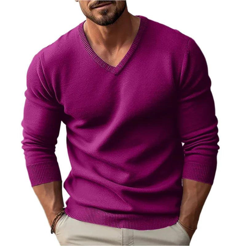 Knitted V-Neck Slim Fit Long Sleeve Sweater For Men